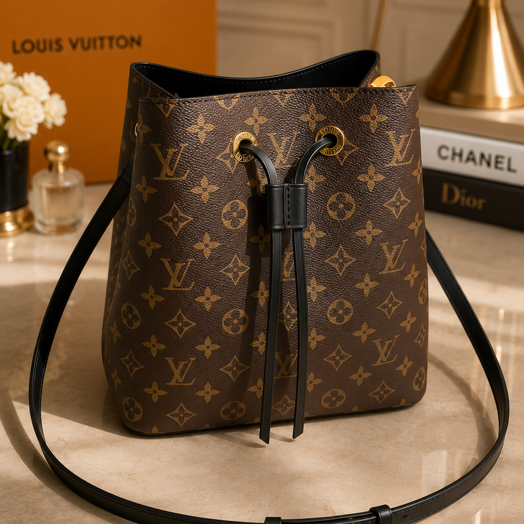 Louis Vuitton NeoNoe MM Monogram Canvas Black Leather Bucket Bag Crossbody Shoulder Bag