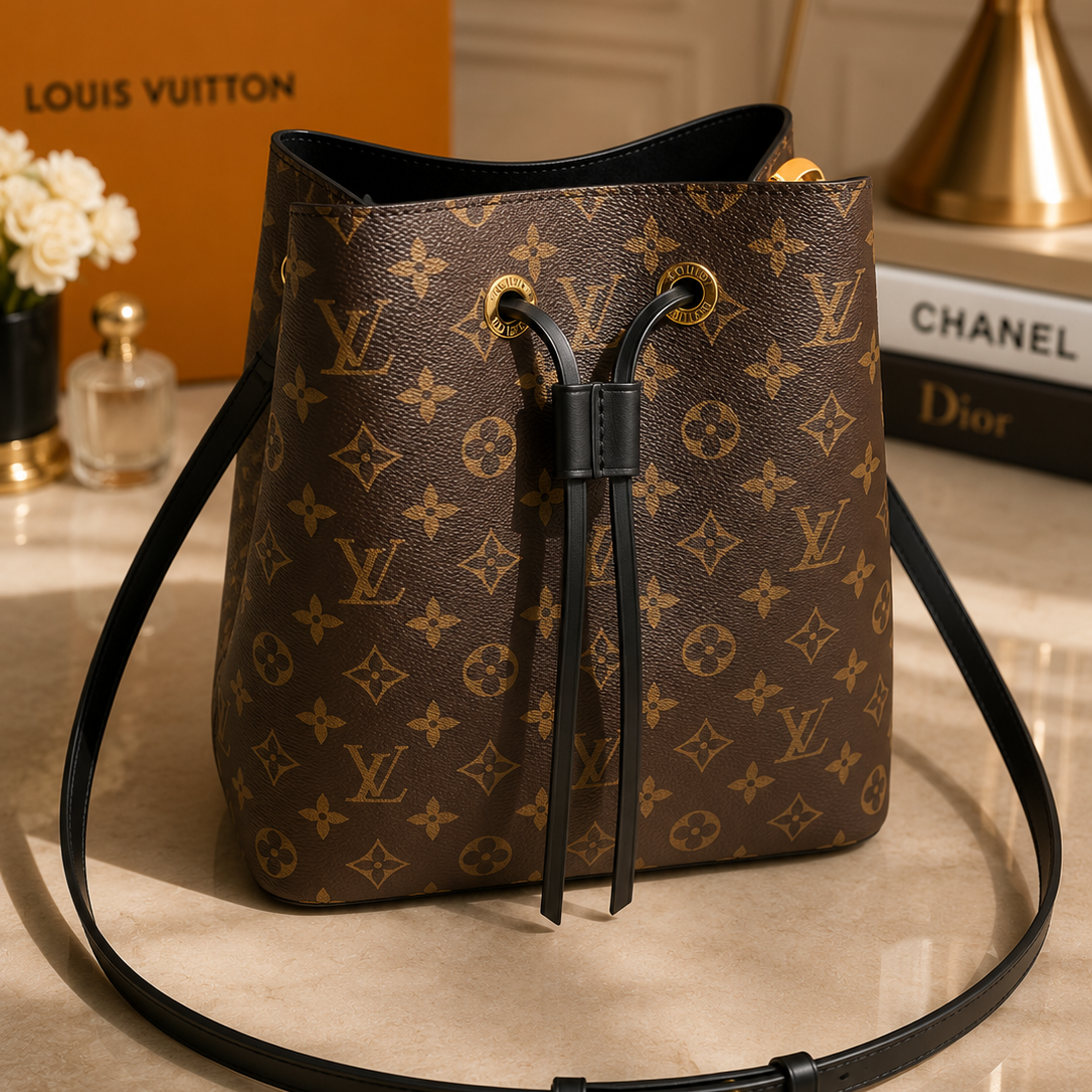 Louis Vuitton NeoNoe MM Monogram Canvas Black Leather Bucket Bag Crossbody Shoulder Bag