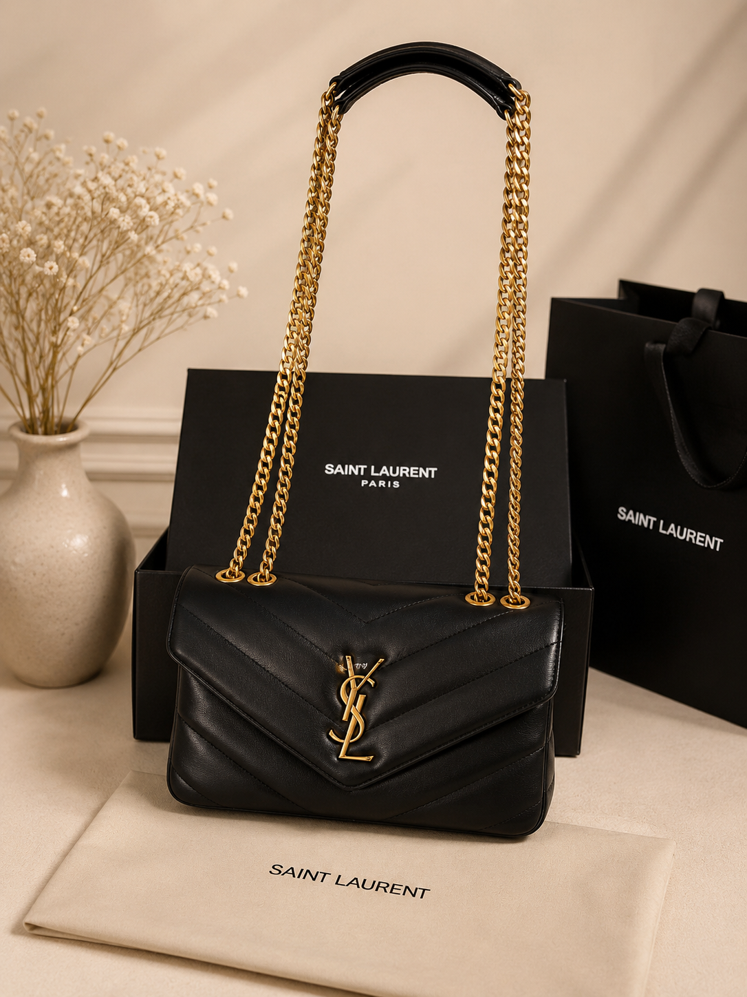 Saint Laurent Large Envelope Bag – Black Chevron Leather
