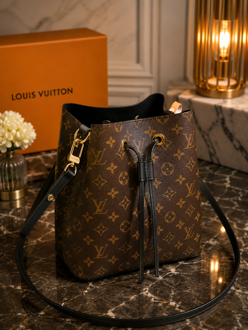 Louis Vuitton NeoNoe MM Monogram Canvas Black Leather Bucket Bag Crossbody Shoulder Bag