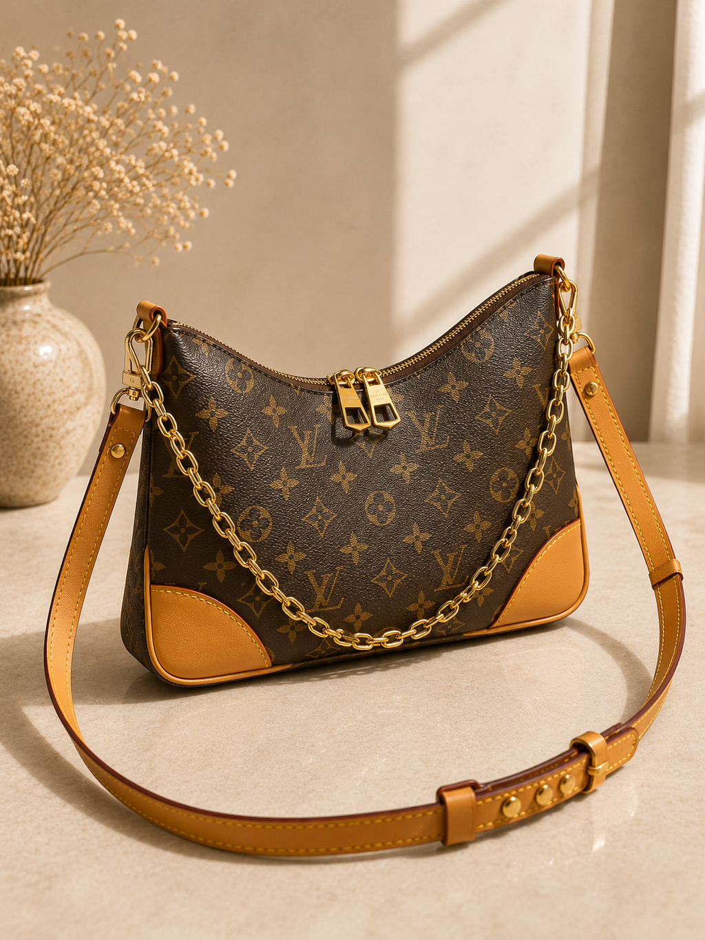 Louis Vuitton Boulogne PM Monogram Canvas Leather Shoulder Bag with Gold Chain