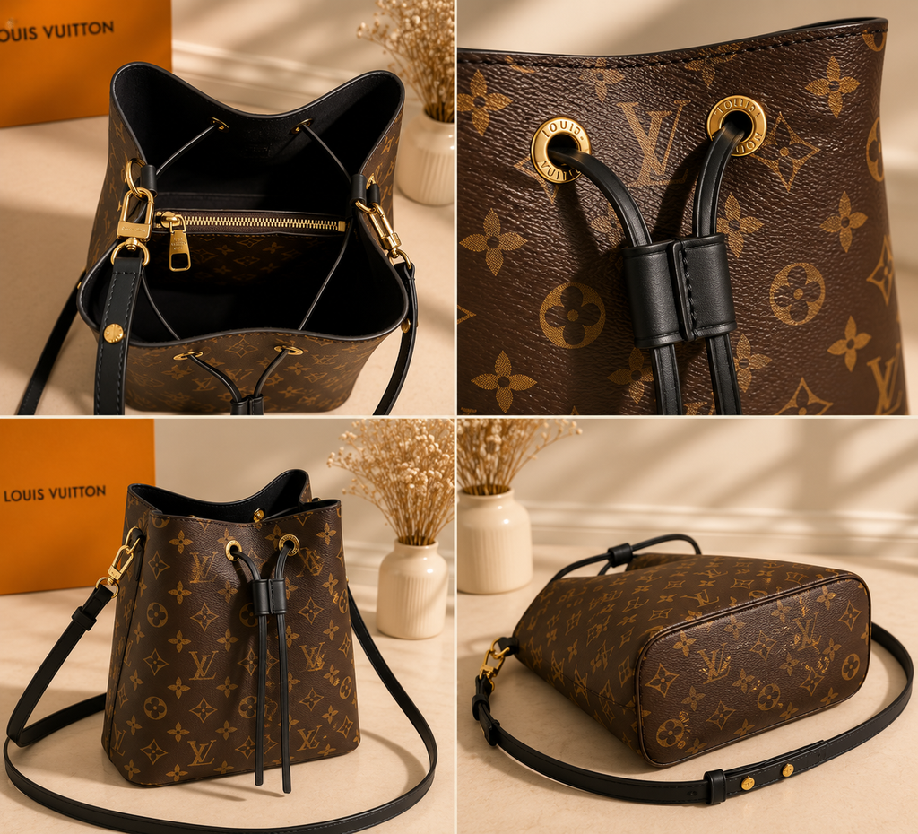 Louis Vuitton NeoNoe MM Monogram Canvas Black Leather Bucket Bag Crossbody Shoulder Bag