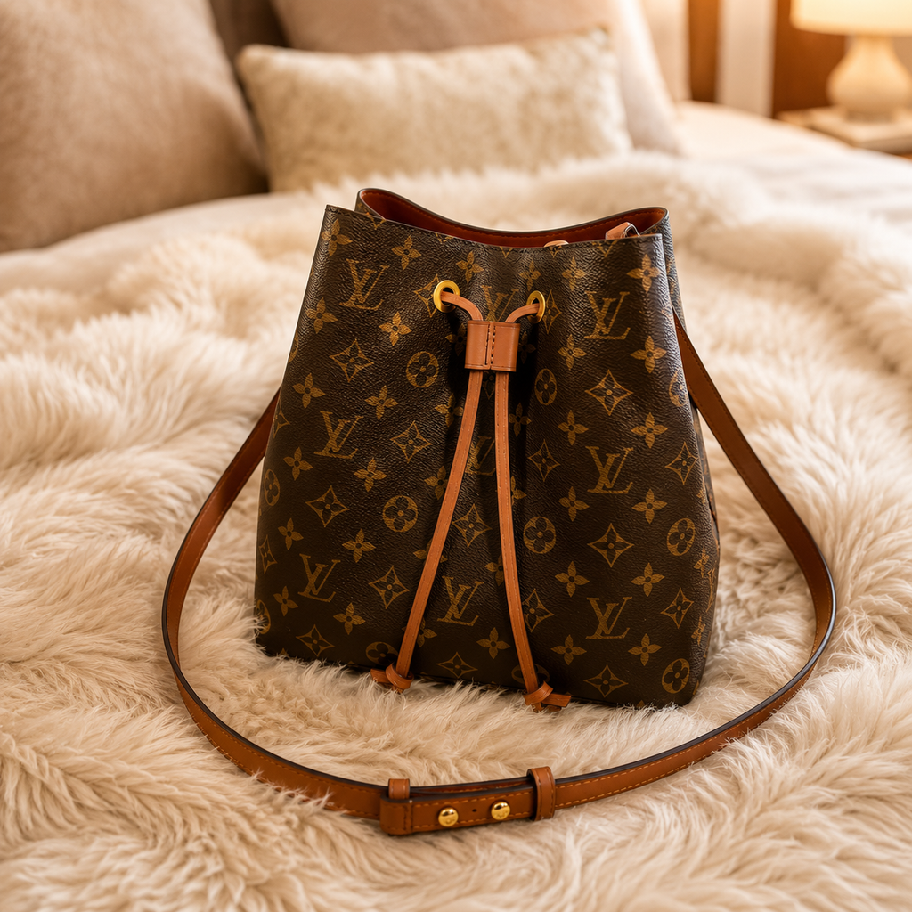 Louis Vuitton NeoNoe MM Monogram Canvas Black Leather Bucket Bag Crossbody Shoulder Bag