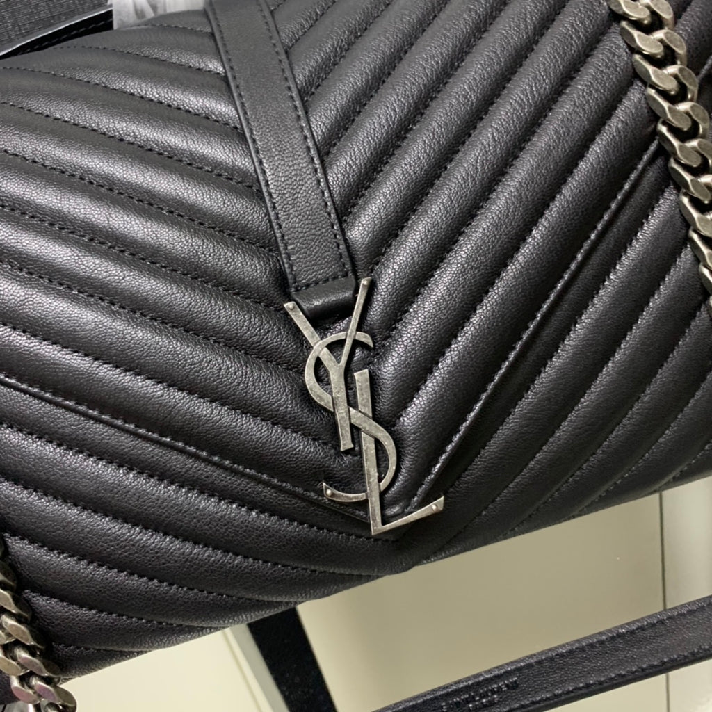 Saint Laurent Large Envelope Bag – Black Chevron Leather