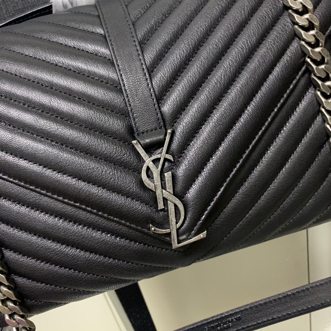 Saint Laurent Large Envelope Bag – Black Chevron Leather