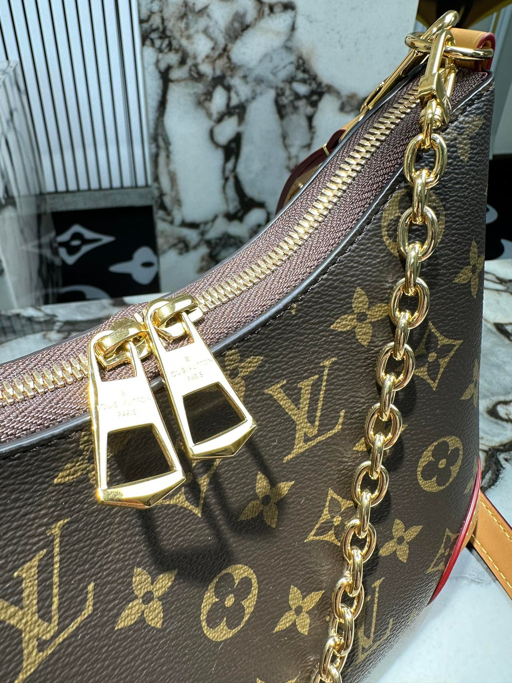 Louis Vuitton Boulogne PM Monogram Canvas Leather Shoulder Bag with Gold Chain