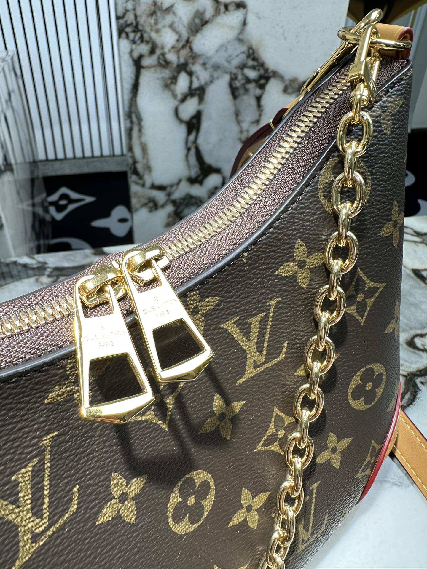 Louis Vuitton Boulogne PM Monogram Canvas Leather Shoulder Bag with Gold Chain