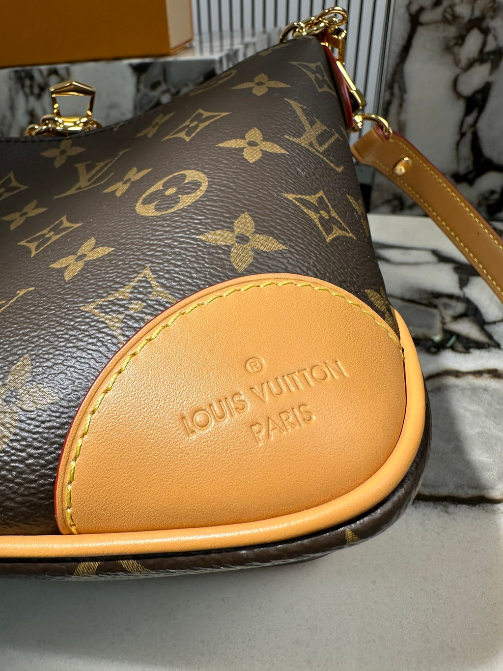 Louis Vuitton Boulogne PM Monogram Canvas Leather Shoulder Bag with Gold Chain
